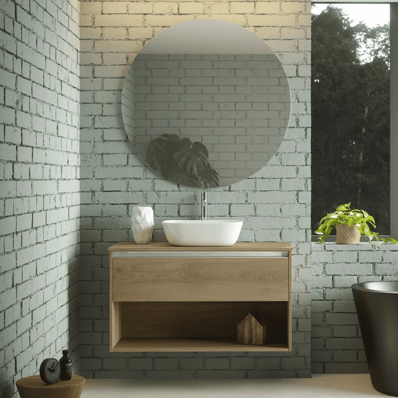 Mueble de Baño Suspendido con Lavabo Sobreponer Cerámico modelo Veloz| Mueble Volado 1 Cajón Con Tirador y 1 Hueco | Roble Natural
