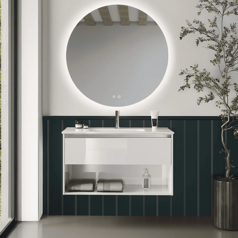 Mueble de Baño Suspendido con Lavabo Sobreponer Cerámico modelo Veloz| Mueble Volado 1 Cajón Con Tirador y 1 Hueco | Blanco Brillo