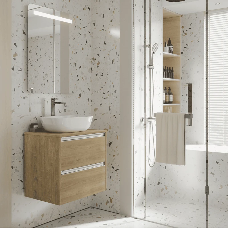 Mueble de Baño Suspendido Fondo Reducido con Lavabo Sobreponer Cerámico para Aseos modelo Veloz| Mueble Volado 2 Cajones Con Tirador| Roble Natural