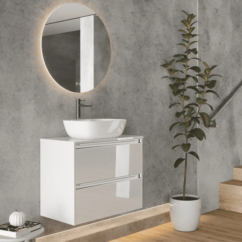 Mueble de Baño Suspendido Fondo Reducido con Lavabo Sobreponer Cerámico para Aseos modelo Veloz| Mueble Volado 2 Cajones Con Tirador| Blanco Brillo