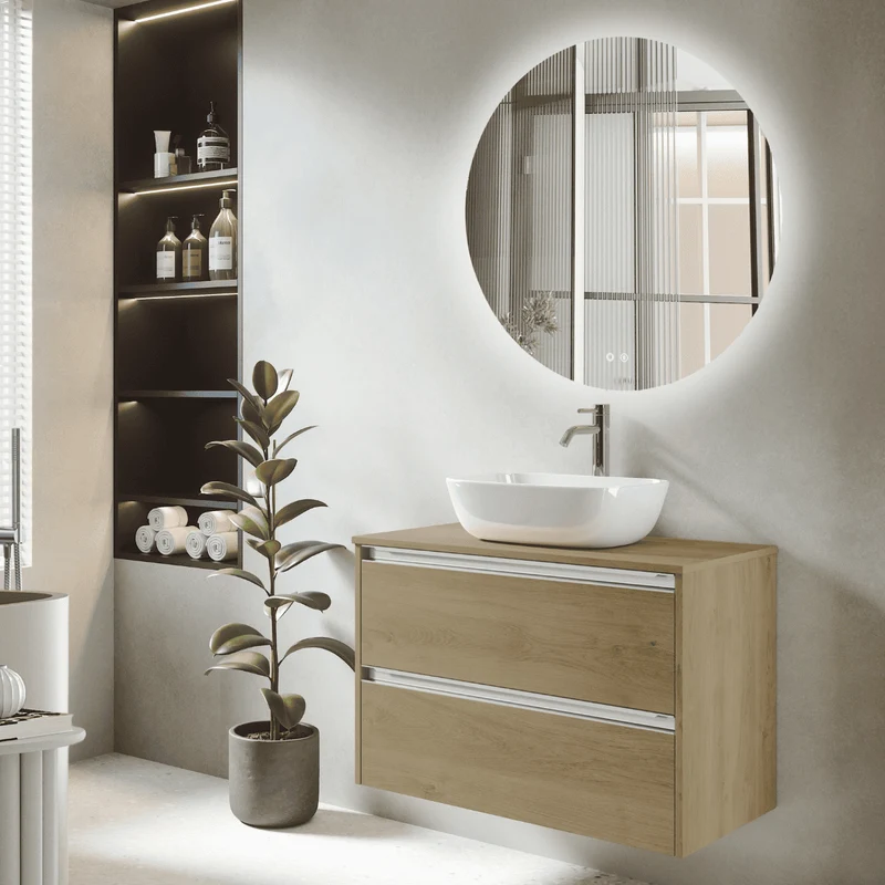 Mueble de Baño Suspendido con Lavabo Sobreponer Cerámico modelo Veloz|Mueble Volado 2 Cajones Con Tirador | Roble Natural