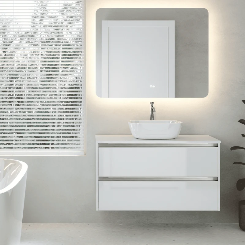 Mueble de Baño Suspendido con Lavabo Sobreponer Cerámico modelo Veloz|Mueble Volado 2 Cajones Con Tirador | Blanco Brillo