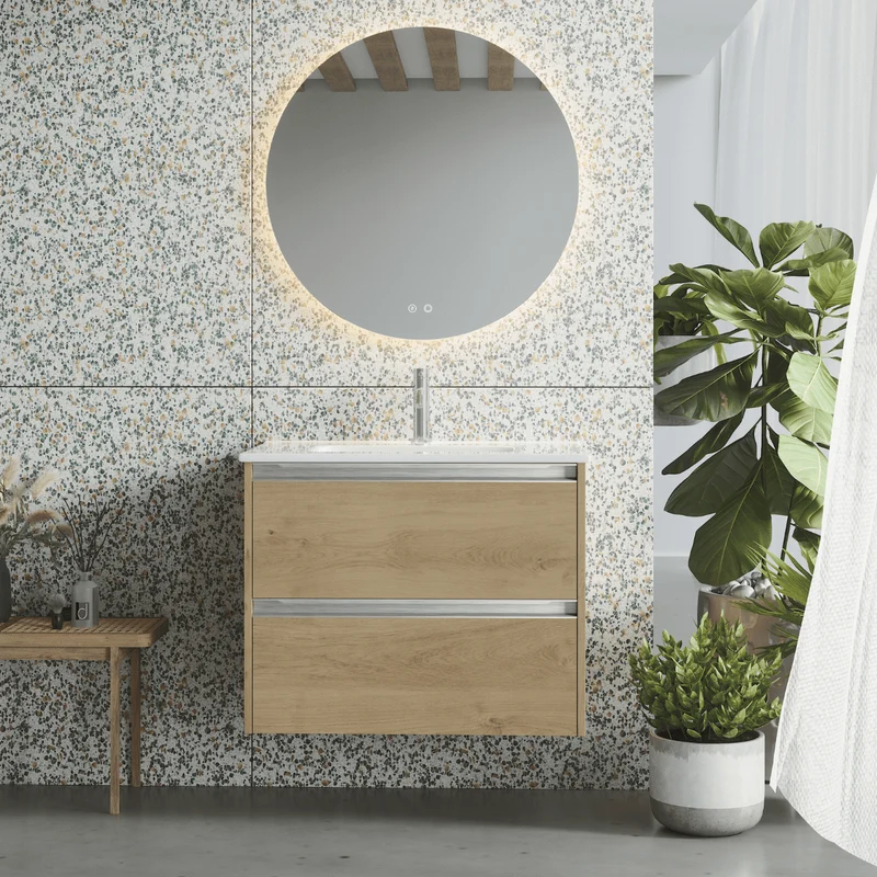 Mueble de Baño Suspendido Fondo Reducido con Lavabo Cerámico para Aseos modelo Veloz| Mueble Volado 2 Cajones Con Tirador | Roble Natural