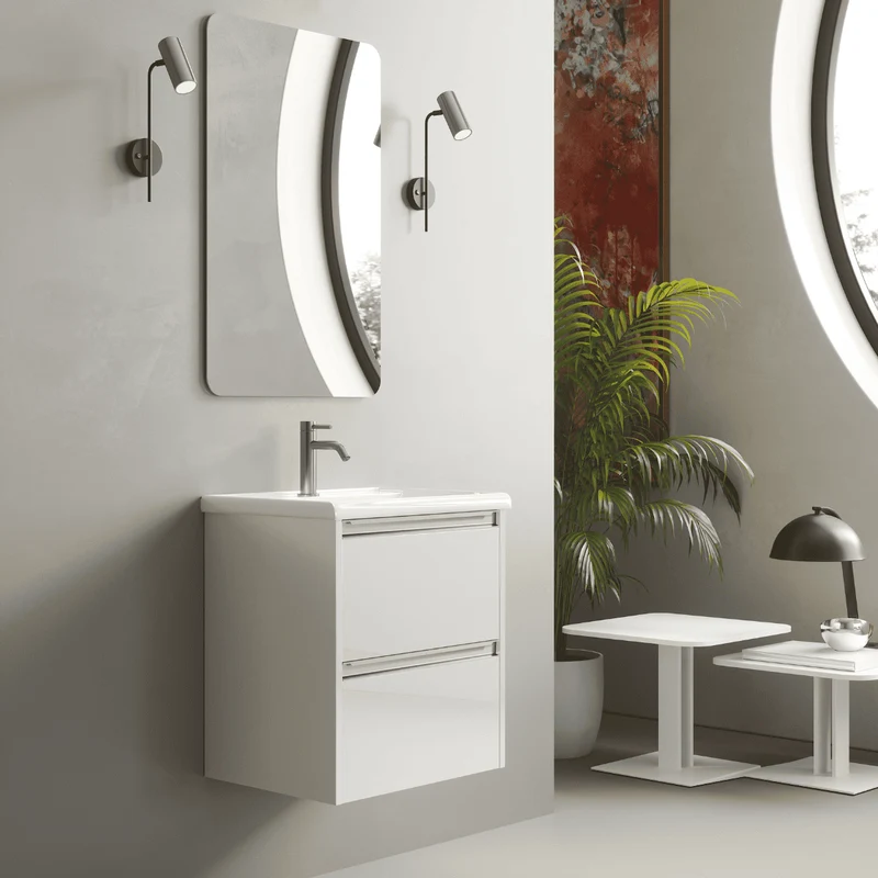 Mueble de Baño Suspendido Fondo Reducido con Lavabo Cerámico para Aseos modelo Veloz| Mueble Volado 2 Cajones Con Tirador | Blanco Brillo