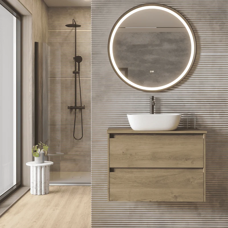 Mueble de Baño Suspendido Fondo Reducido con Lavabo Sobreponer Cerámico para Aseos modelo Veloz| Mueble Volado 2 Cajones | Roble Natural