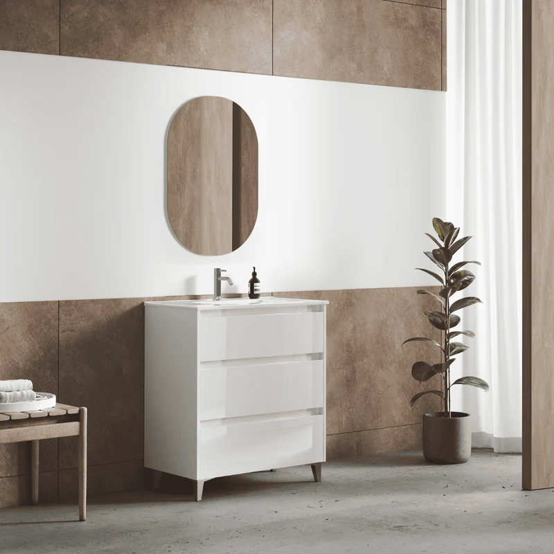 Mueble de Baño A Suelo con Lavabo Cerámico modelo Veloz|Mueble Baño 3 Cajones | Blanco Brillo
