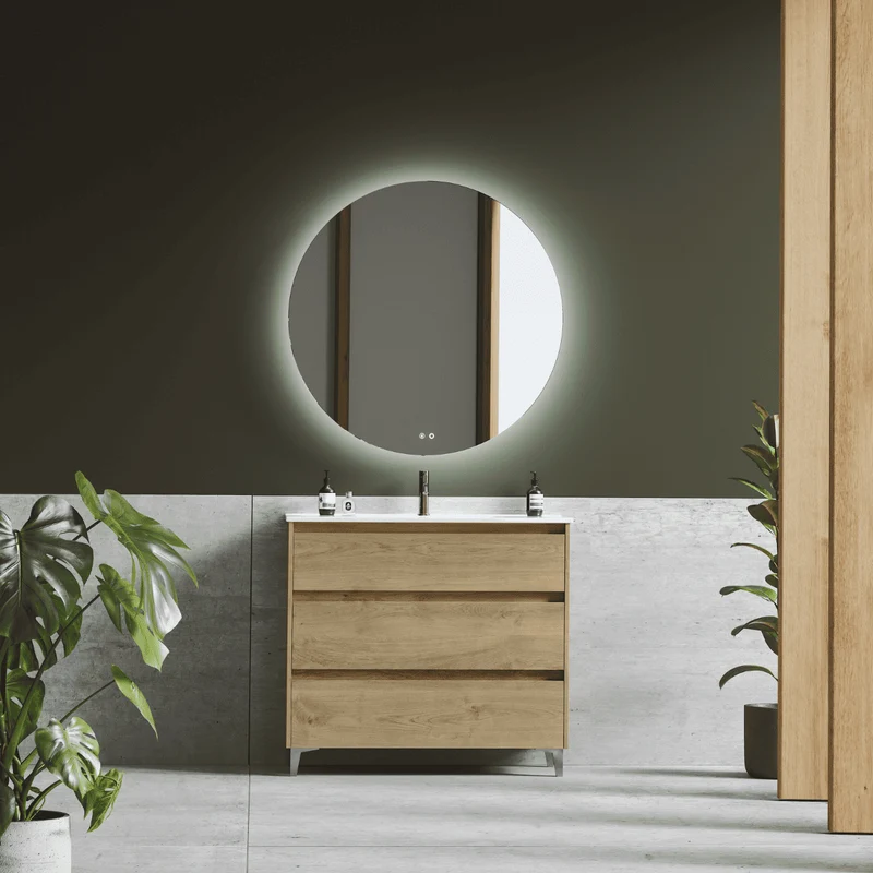 Mueble de Baño A Suelo con Lavabo Cerámico modelo Veloz|Mueble Baño 3 Cajones | Roble Natural