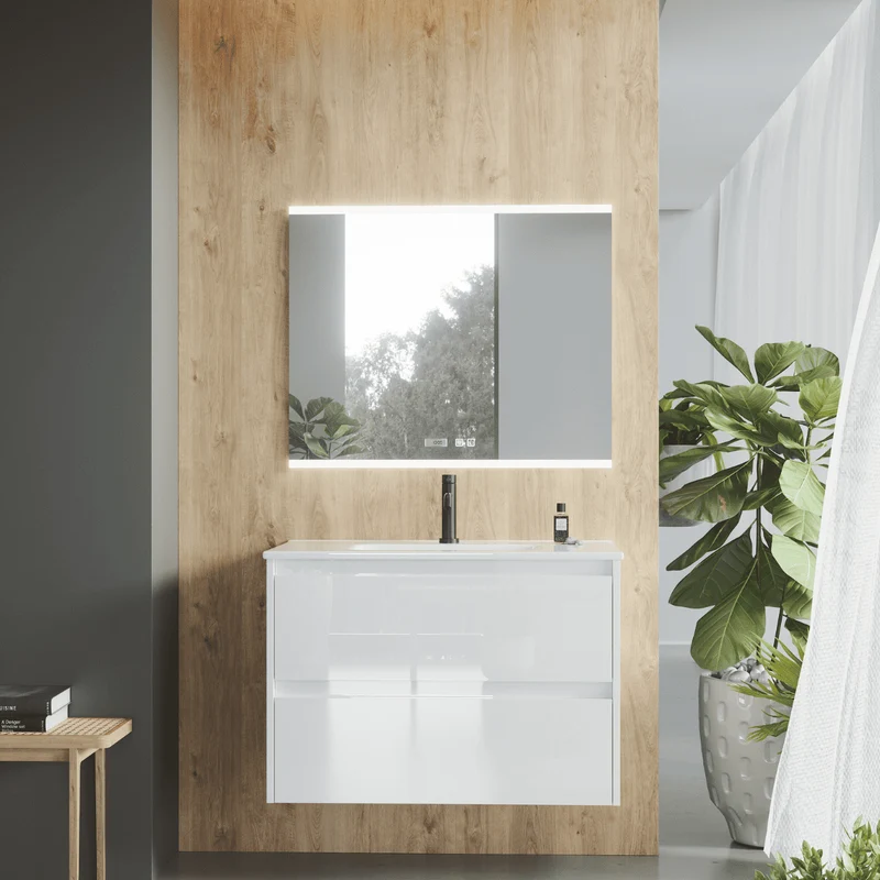 Mueble de Baño Suspendido con Lavabo Cerámico modelo Veloz| Mueble Volado 2 Cajones| Blanco Brillo