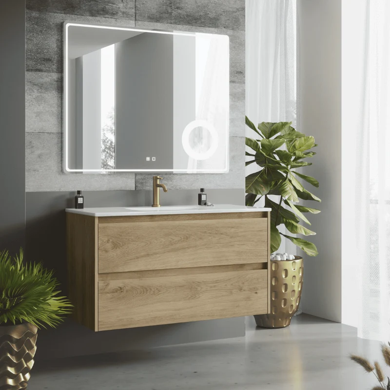 Mueble de Baño Suspendido con Lavabo Cerámico modelo Veloz| Mueble Volado 2 Cajones| Roble Natural