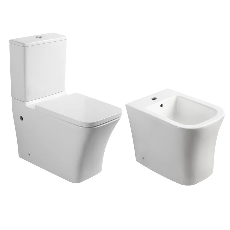 Aten Wc Inodoro Completo Compacto Adosado a Pared Cuadrado con Sistema Rimless | Wc Completo con Salida Dual y Asiento Amortiguado + Bide