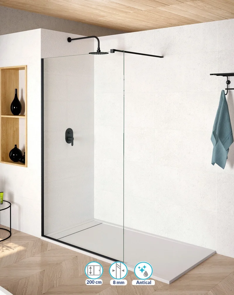 Málaga Mampara Fijo de ducha 1 Fijo | Panel Fijo Mampara Ducha | Vidrio Templado 8mm Antical Transparente | Altura 200cm | Negro Mate