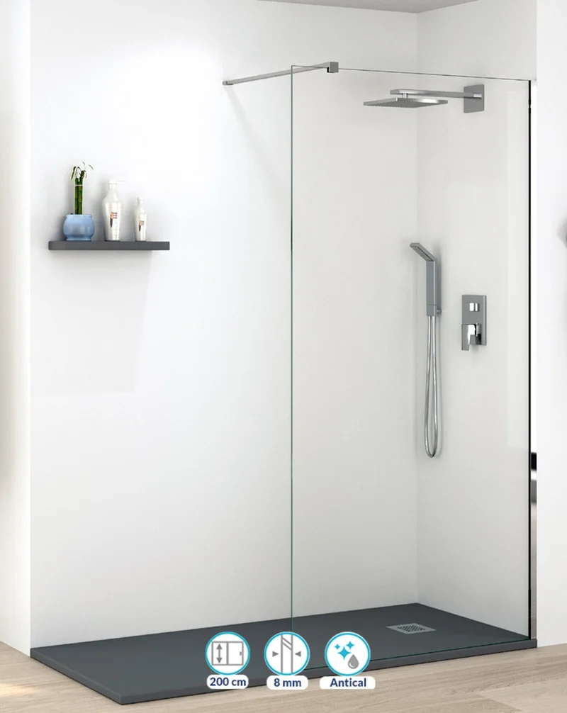 Málaga Mampara Fijo de ducha 1 Fijo | Panel Fijo Mampara Ducha | Vidrio Templado 8mm Antical Transparente | Altura 200cm | Cromo Brillo