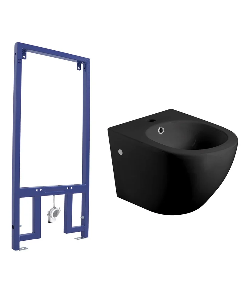 Pack Bidet Suspendido Cerámico de Baño y Bastidor | Moderno y Fácil Limpieza Acompañado de Bastidor | Negro Mate