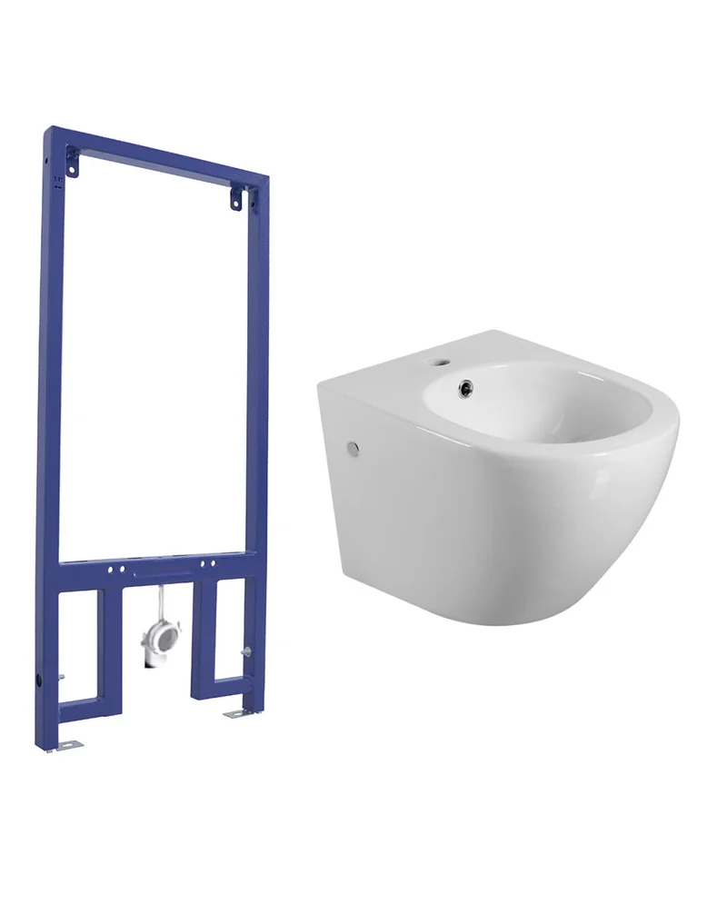 Pack Bidet Suspendido Cerámico de Baño y Bastidor | Moderno y Fácil Limpieza Acompañado de Bastidor | Blanco Brillo