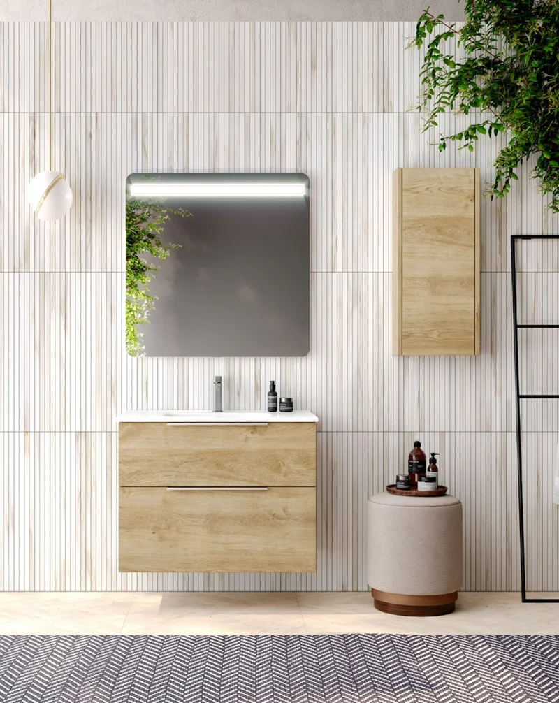 Galsaky Mueble de Baño Suspendido con Lavabo Cerámico | 2 cajones con Cierre Amortiguado y Organizador | Roble Natural