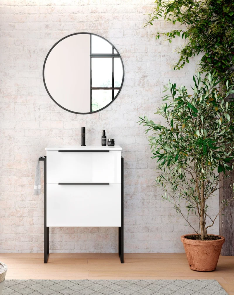 Galsaky Industrial Mueble de Baño Al Suelo con Lavabo Cerámico | 2 cajones con Cierre Amortiguado y Organizador | Blanco Brillo