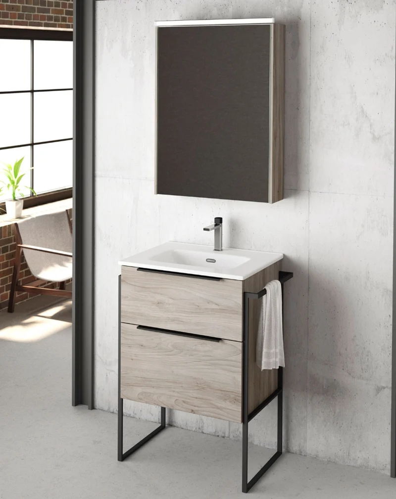 Galsaky Industrial Mueble de Baño Al Suelo con Lavabo Cerámico | 2 cajones con Cierre Amortiguado y Organizador | Pino Gris