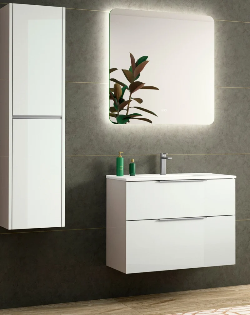 Comet Mueble de Baño Suspendido Fondo Reducido | 2 Cajones con Cierre Amortiguado y Lavabo Cerámico | Blanco Brillo