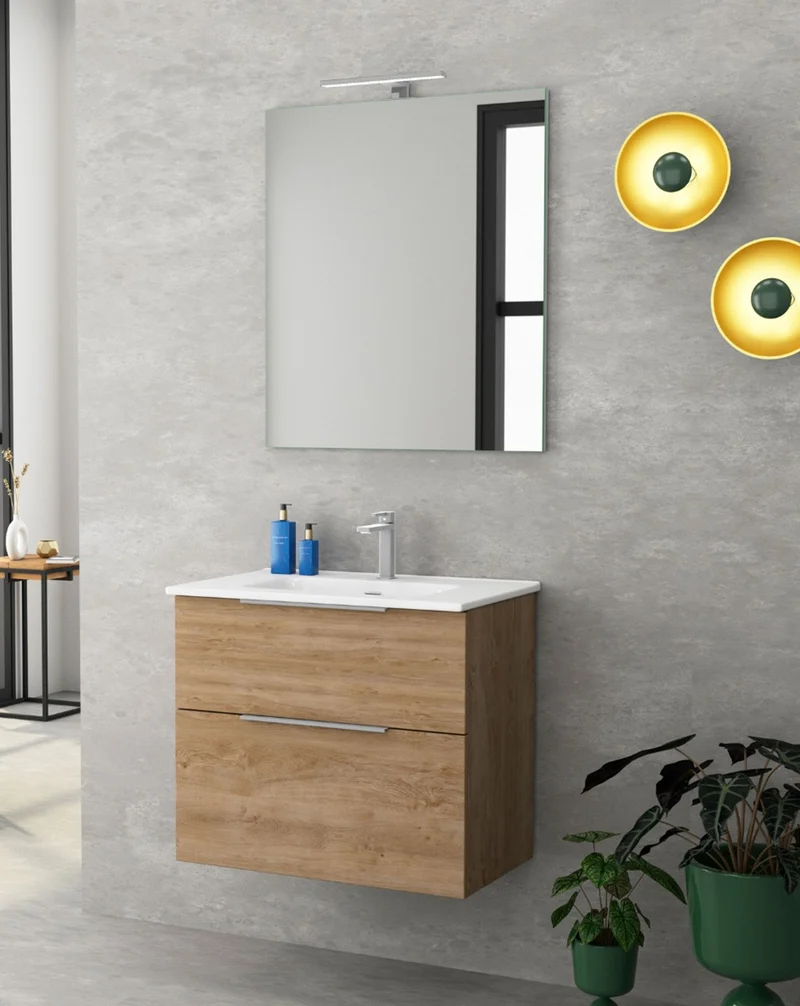 Comet Mueble de Baño Suspendido Fondo Reducido | 2 Cajones con Cierre Amortiguado y Lavabo Cerámico | Roble Natural