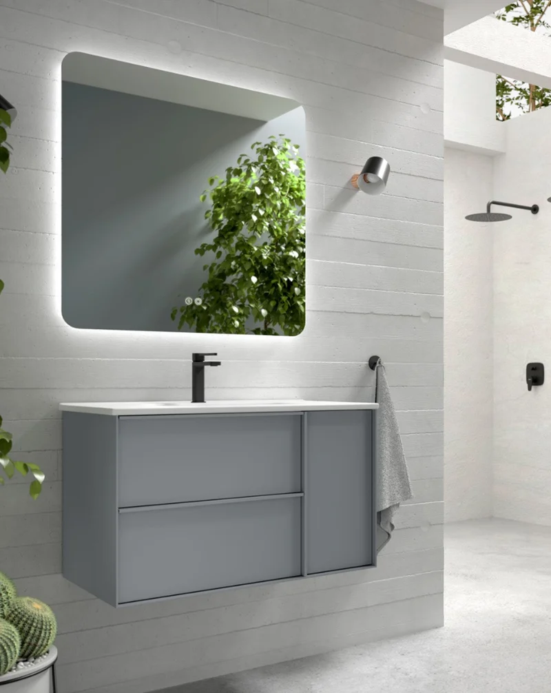 Oslo Mueble de Baño Suspendido con Lavabo Cerámico | Puerta Lateral con Cierre Amortiguado y Organizador | Mist Mate