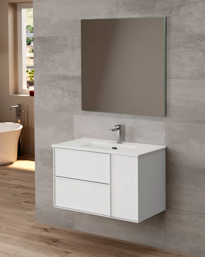 Oslo Mueble de Baño Suspendido con Lavabo Cerámico | Puerta Lateral con Cierre Amortiguado y Organizador | Blanco Mate