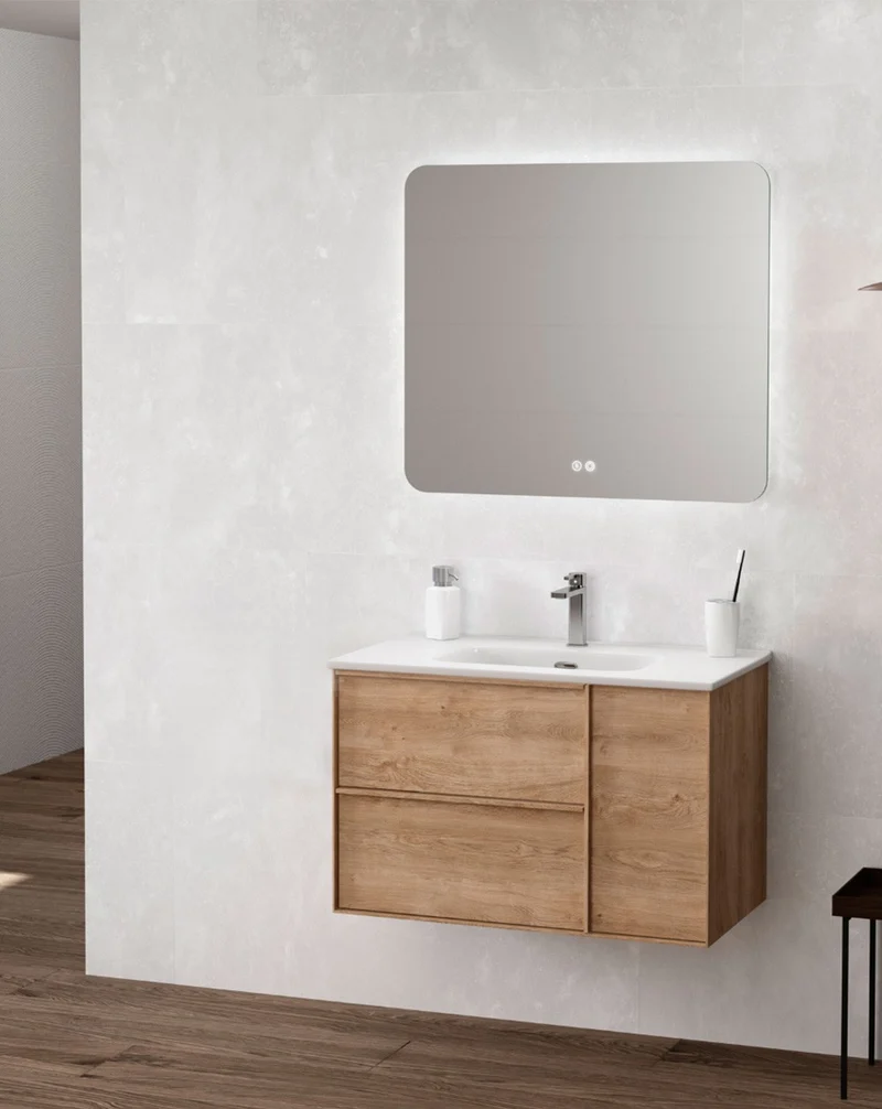 Oslo Mueble de Baño Suspendido con Lavabo Cerámico | Puerta Lateral con Cierre Amortiguado y Organizador | Roble Natural