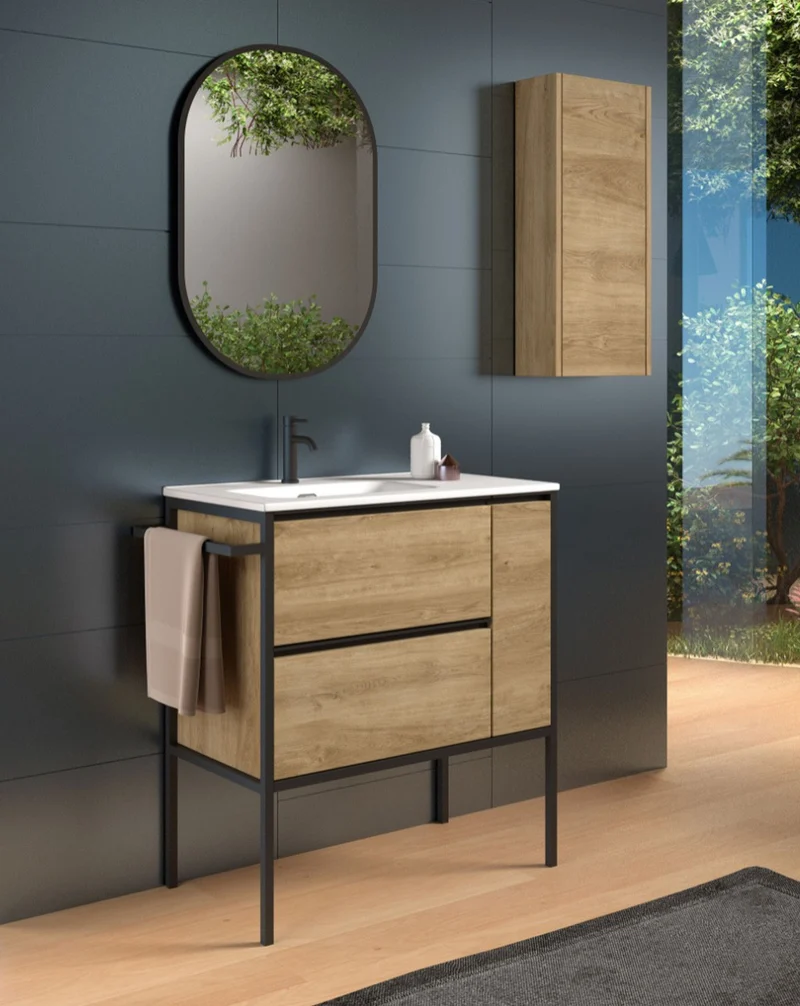 Avant Mueble de Baño Al Suelo con Lavabo Cerámico | 2 cajones y Puerta Lateral con Cierre Amortiguado y Organizador | Roble Natural