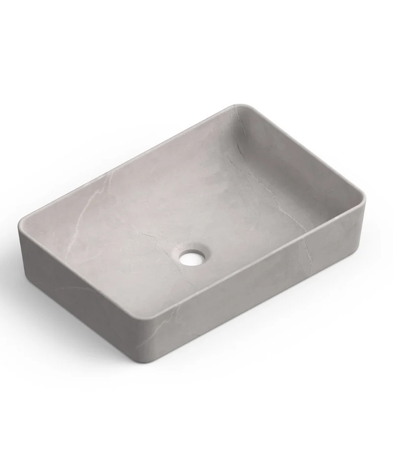 Curazao Lavabo Sobre Encimera Resina y Carga Mineral Gris Cemento | Lavamanos Baño para Encimera Rectangular | 51x34cm