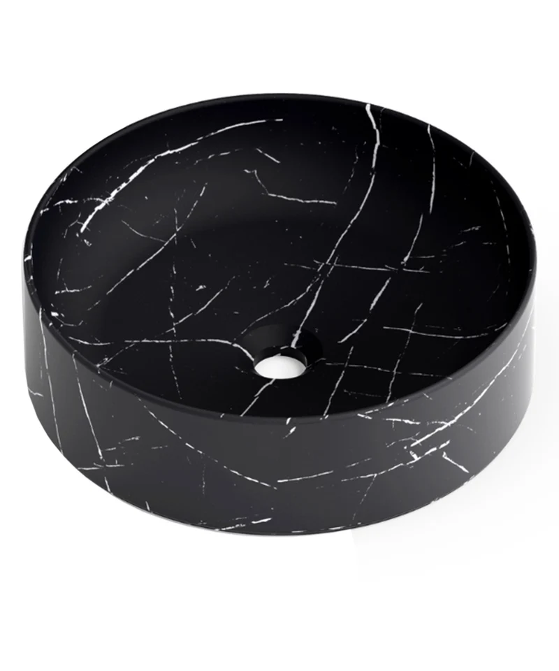 Aruba Lavabo Sobre Encimera Resina Marquina Storm | Lavamanos Baño para Encimera Redondo | 37cm de Diámetro