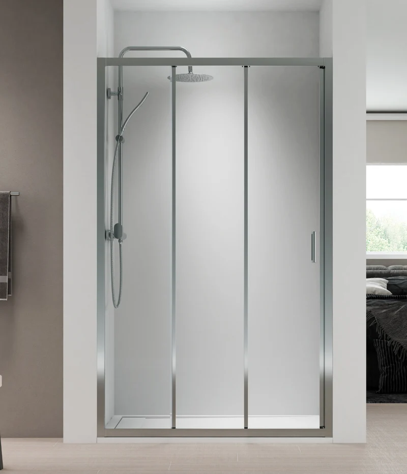 Monza Mampara Ducha Frontal Corredera 1 Puerta 1 Fijo | Vidrio 5mm Antical Alto 190cm | Reversible Izquierda / Derecha | Cromo Brillo