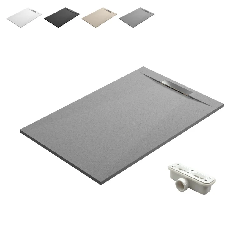 Gante Plato de Ducha de Resina Extraplano | Antideslizante | Válvula de Desagüe y Rejilla | Gris Cemento