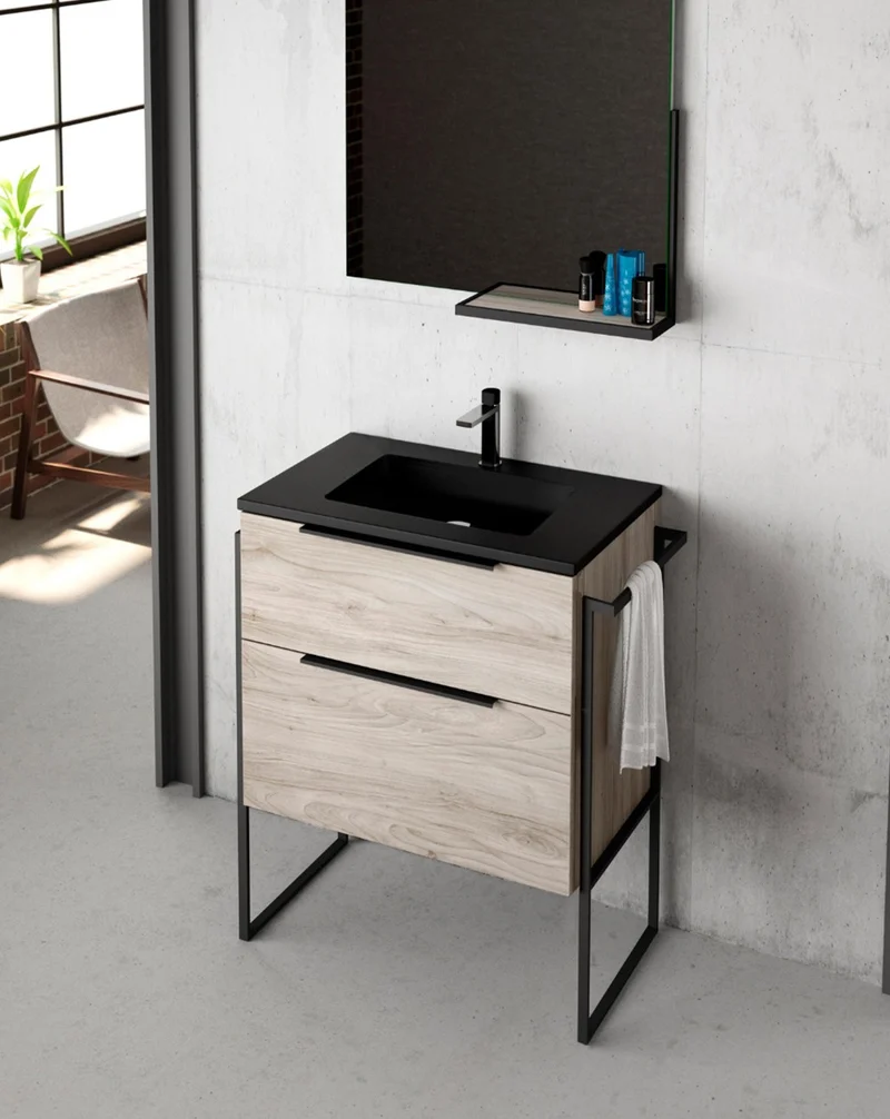 Galsaky Industrial Mueble de Baño Al Suelo con Lavabo Cerámico Negro | 2 cajones con Cierre Amortiguado y Organizador | Pino Gris