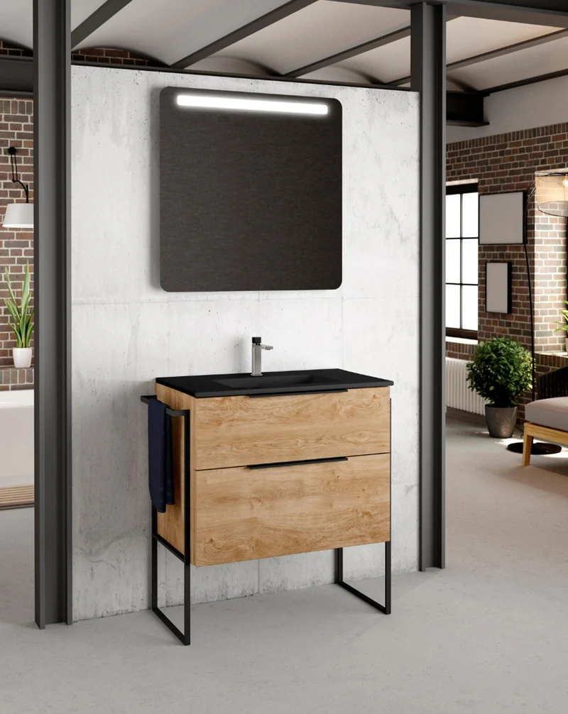 Galsaky Industrial Mueble de Baño Al Suelo con Lavabo Cerámico Negro | 2 cajones con Cierre Amortiguado y Organizador | Roble Natural
