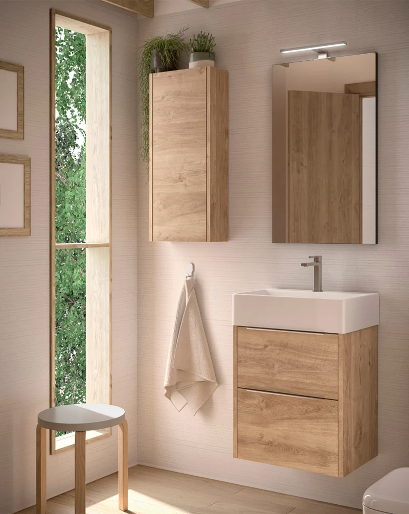 Bambi Mueble Baño Suspendido Fondo Reducido con Lavabo Cerámico 2 Cajones | 50cm Roble Natural
