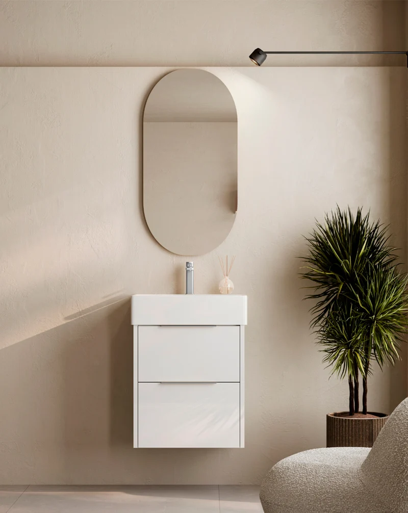 Bambi Mueble Baño Suspendido Fondo Reducido con Lavabo Cerámico 2 Cajones | 50cm Blanco Brillo