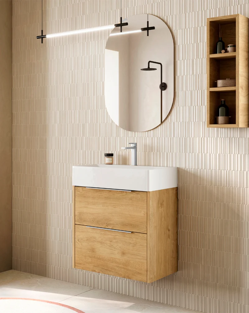 Bambi Mueble Baño Suspendido Fondo Reducido con Lavabo Cerámico 2 Cajones | 60cm Roble Natural