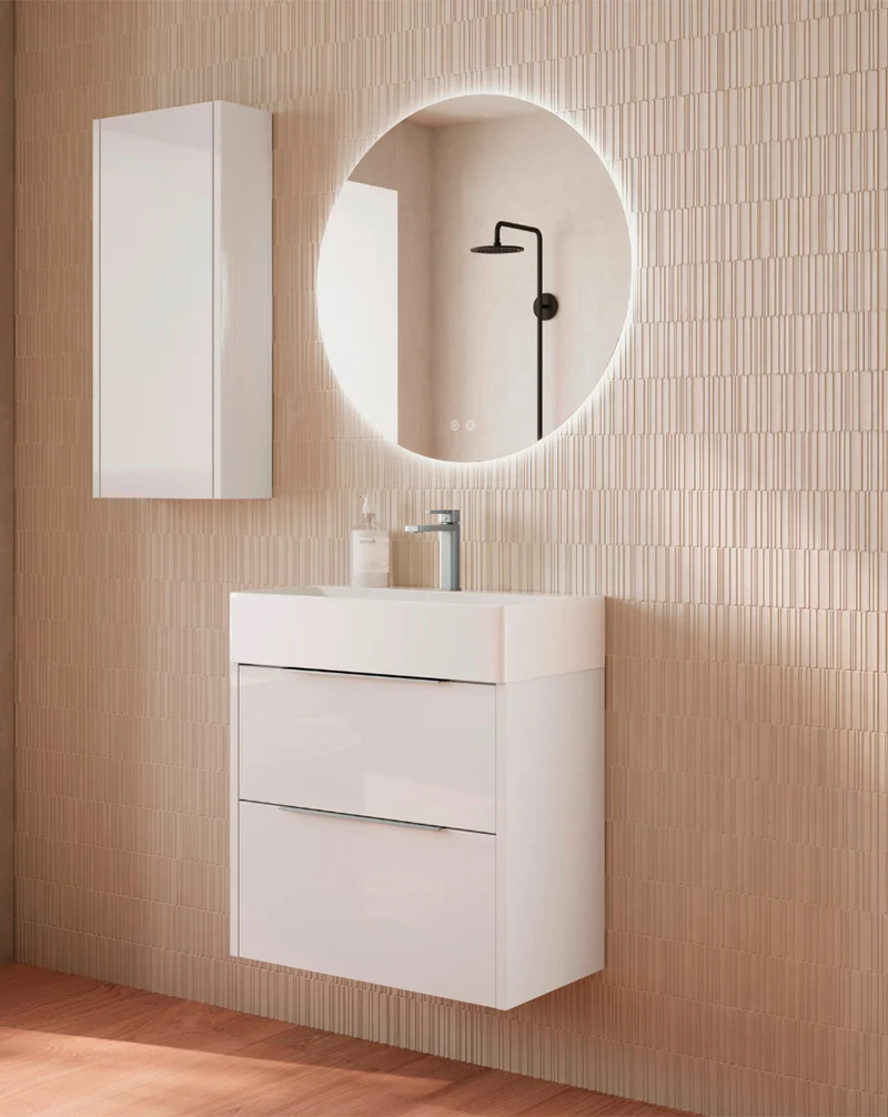 Bambi Mueble Baño Suspendido Fondo Reducido con Lavabo Cerámico 2 Cajones | 60cm Blanco Brillo