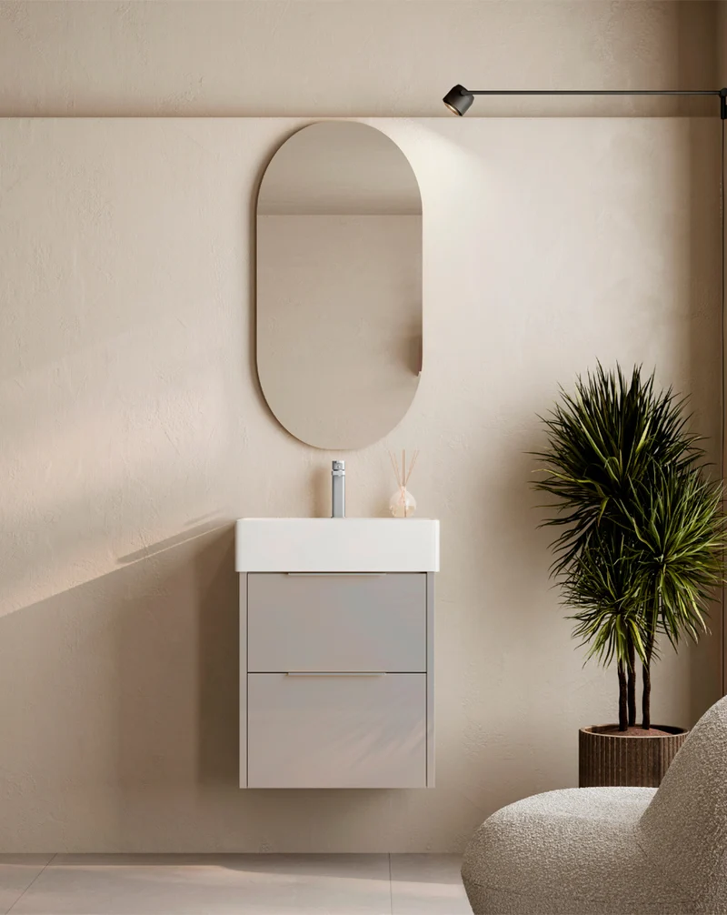 Bambi Mueble Baño Suspendido Fondo Reducido con Lavabo Cerámico 2 Cajones | 50cm Moka Mate
