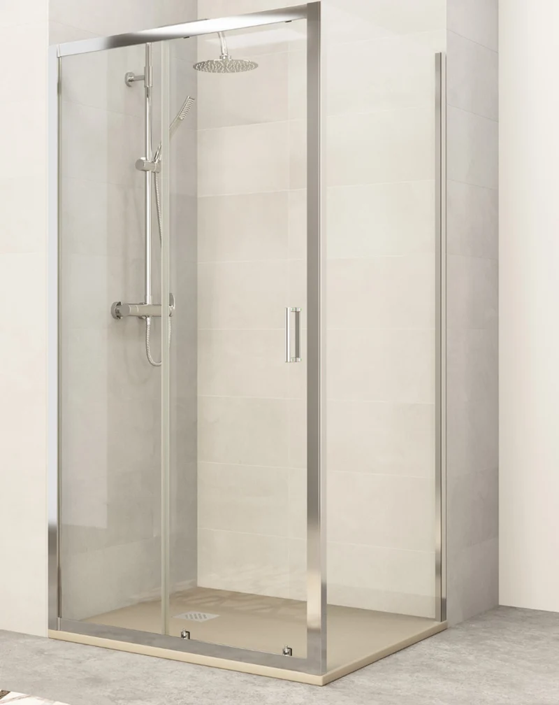 Zurita Mampara de Ducha Rectangular Frontal Corredera 1 puerta 2 fijos | Vidrio Templado 5mm Antical | Altura 190 cm | Perfil Cromo Brillo