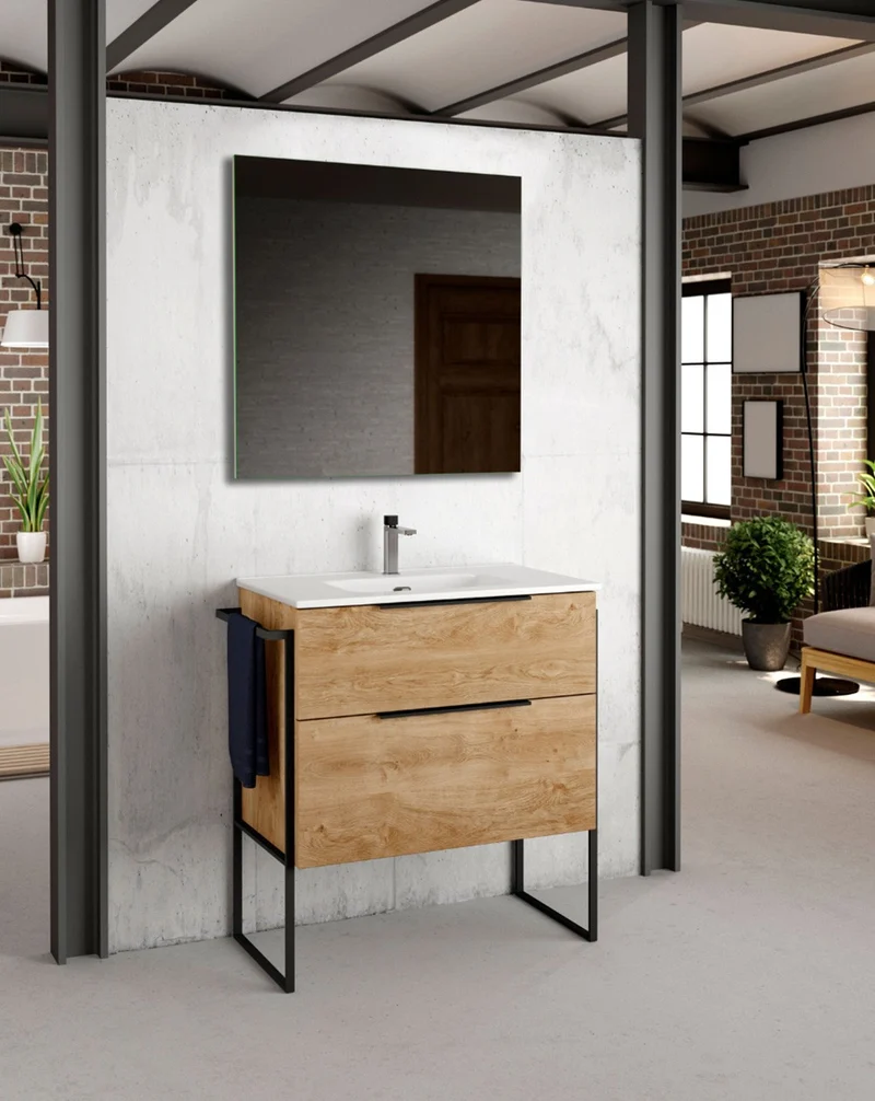 Galsaky Industrial Mueble de Baño Al Suelo con Lavabo Cerámico | 2 cajones con Cierre Amortiguado y Organizador | Roble Natural