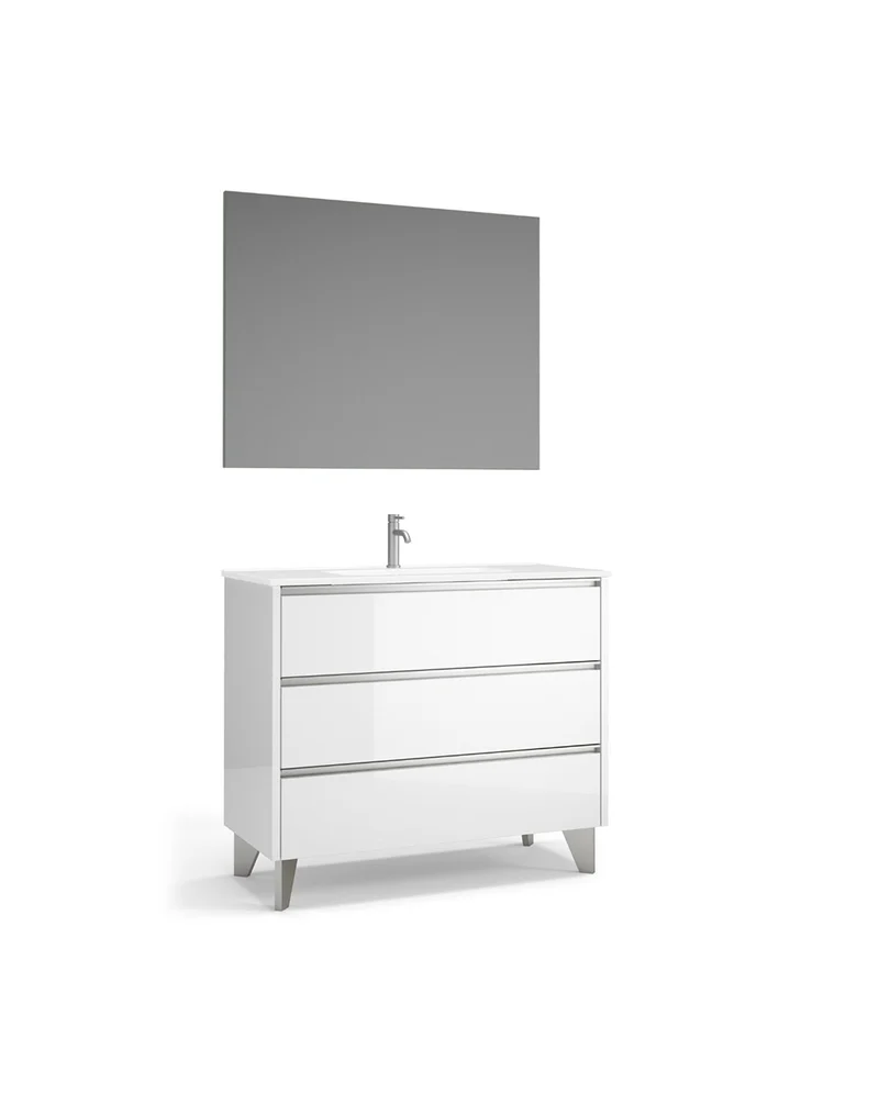 Escorpio Mueble de Baño al Suelo con Espejo y Lavabo Cerámico | 3 Cajones con Cierre Amortiguado y Organizador | Blanco Brillo