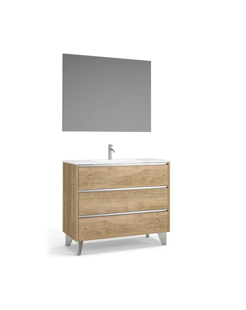 Escorpio Mueble de Baño al Suelo con Espejo y Lavabo Cerámico | 3 Cajones con Cierre Amortiguado y Organizador | Roble Natural