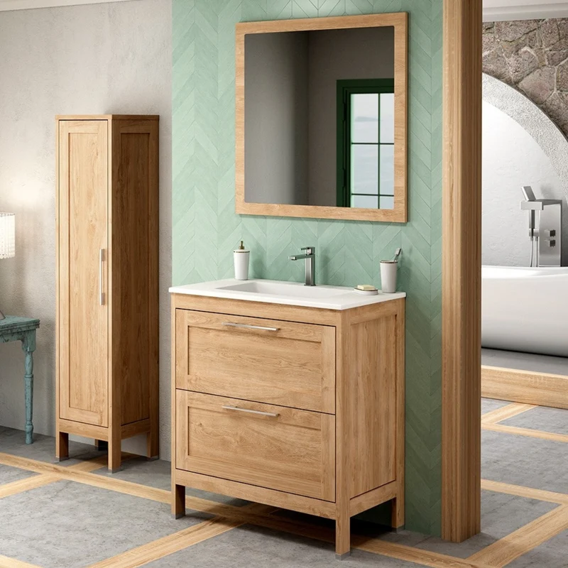 Toscana Mueble Baño A suelo con Lavabo Cerámico | 2 cajones con Cierre Amortiguado y Organizador | Roble Natural