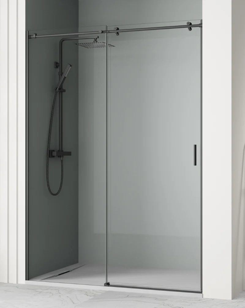 Madrid Mampara Ducha Frontal Corredera 1 Puerta 1 Fijo | Vidrio 8mm Antical Alto 195cm | Reversible Izquierda / Derecha | Negro mate