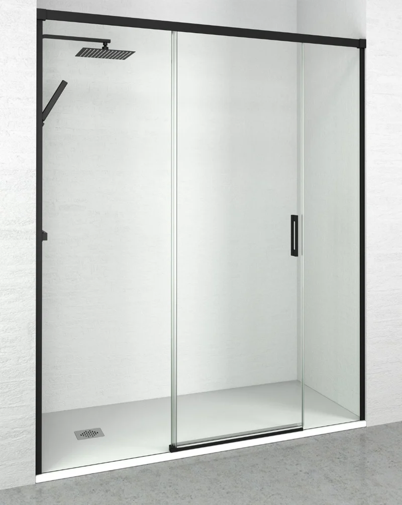 Patricia Mampara de Ducha Frontal 1 Puerta 2 Fijos | Cristal Templado 6mm Antical | Altura 195cm | Negro Mate