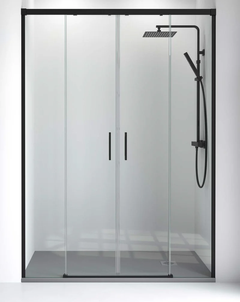 Patricia Mampara de Ducha Frontal 2 puertas - 2 fijos Corredera | Cristal Templado 6mm | Antical | Altura 195cm | Negro Mate