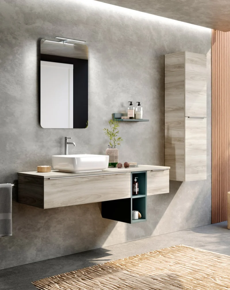 Landes 08 Mueble de Baño Modular Suspendido con Tapa y Lavabo Sobre Encimera | Estante Cerrado y Cajón 30cm | Personalizable