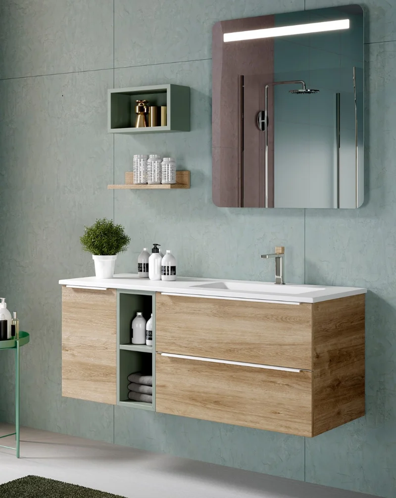 Landes 07 Mueble de Baño Modular Suspendido Tapa y Lavabo Resina | 2 Cajones Estante Cerrado Doble Cajón | Personalizable
