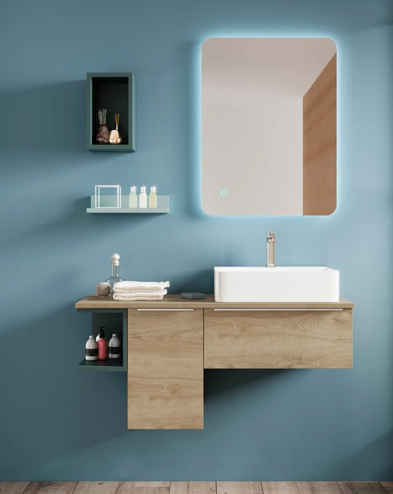 Landes 05 Mueble de Baño Modular Suspendido con Tapa y Lavabo Sobre Encimera | 1 Cajón 1 Puerta Estante Abierto | Personalizable