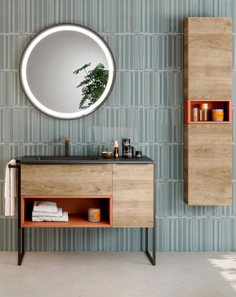 Landes 04 Mueble de Baño Modular Industrial con Patas y Lavabo Negro | 1 Cajón 1 Hueco y Puerta | Personalizable